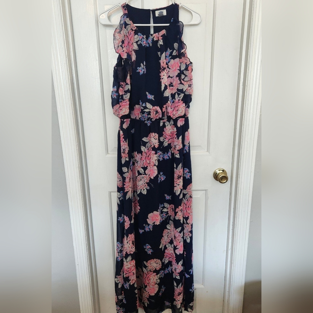 Old Navy Chiffon Maxi Dress Black/Pink Floral NWOT